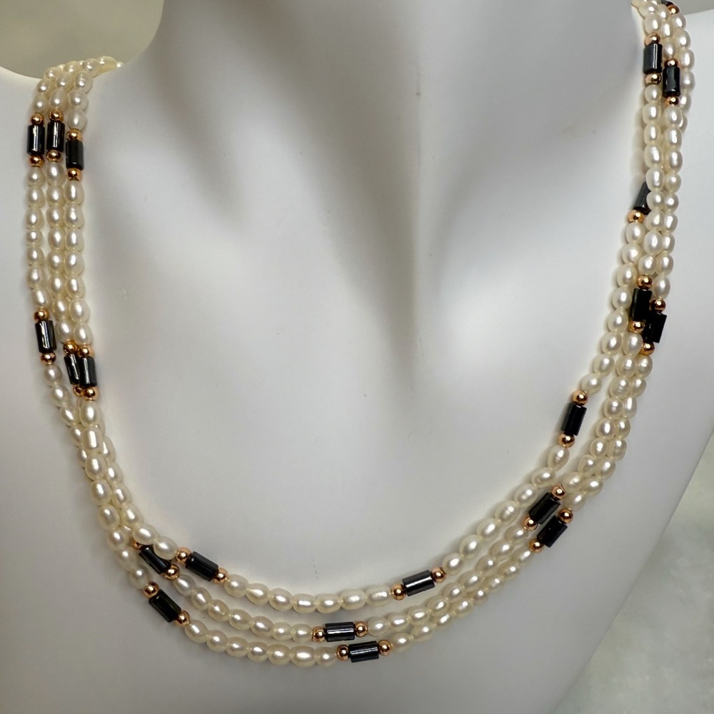 Real Pearl and Black Bead Necklace